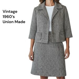 Vintage 1960s Herringbone Tweed Skirt Suit ILGWU Union Made Jacket & Skirt Set